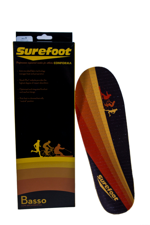 Image of the Conforma Basso low arch Insole by Surefoot and it's box in Orange/Black